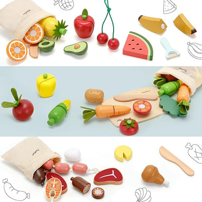 PairPear Wooden Toys Play Food Sets for Kids Kitchen, Kids Toy Food Cutting Vegetables Set for Toddlers 3+ Years Old, Pretend Food Play Kitchen Accessories for Girls and Boys