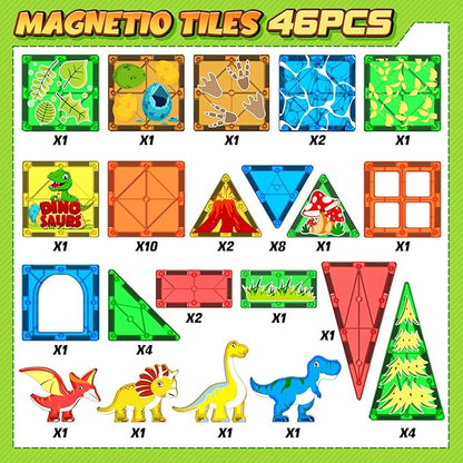 Magnetic Tiles Dinosaur Toys for Kids 3-5 4-8 Magnet Building Blocks Toddler Toy - Dino World Magnetic Toys STEM Creative Games Christmas Birthday Gifts for 3＋ Years Old Boys Girls