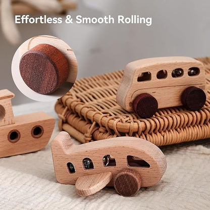 WOODEN TEETHER 3pcs Wooden Cars for Toddlers 1-3 Years Car Toys for Babies Wooden Baby Toys Include Car Boat Airplane，Ideal Gift for Girls and Boys