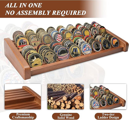 Challenge Coin Display Holder, 8 Rows Solid Wood Military Coin Stand Holds 60-70 Coins, Army Coin Display Rack for Desk (Walnut Finish)
