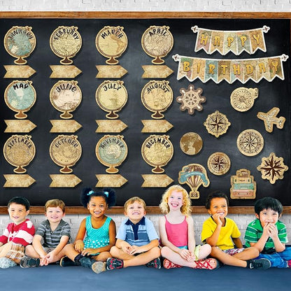 Pajean Travel The Map Bulletin Board Set Globes Happy Birthday Bulletin Board Decor Travel Calendar Wall Decorations for Calendars Classroom School Decor
