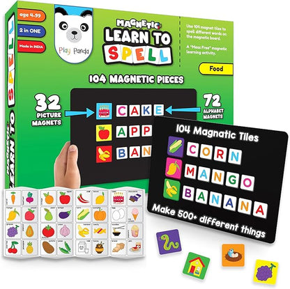 Magnetic Educational Toys for Kids Aged 3 4 5 6 – Learn to Spell Foods| 104 Magnet Pieces – 32 Picture & 72 Letter with Magnetic Board & Spelling Game Guide | Preschool Learning Toy for Girls & Boys