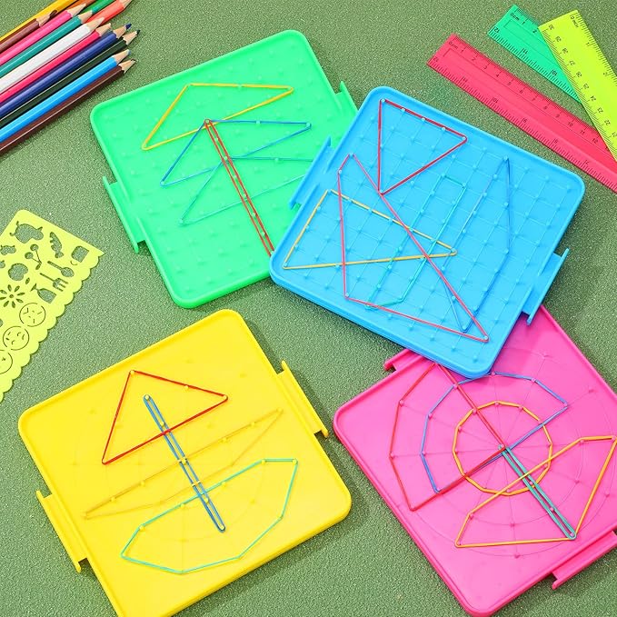 Teling 16 Pack Double Sided Geoboard Math Manipulatives Plastic Geoboards with Rubber Bands Geometry Manipulatives Educational Toy for Geometry, Creativity, Fine Motor Skills (Simple, 6.3 Inch)