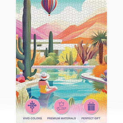 Cross & Glory Jigsaw Puzzles 1000 Pieces - Blossoming Desert: Poolside Paradise - 1000 Piece Landscape Puzzles for Adults | Vibrant Colors | Desert Cactus Succulent | 20x27 Inches | Adult Challenge