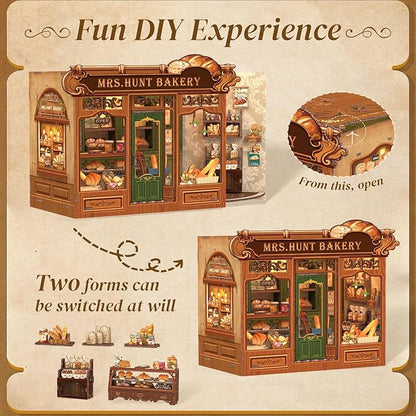 Cutefun Book Nook Kit - DIY Miniature House Dollhouse Kit, Book Nook Kits for Adults, Bookshelf Insert Bookend with LED Light for Teens and Adults (Mrs.Hunt Bakery)
