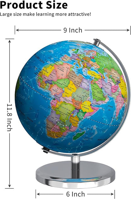 Illuminated World Globe with Stand, 9" Earth Globes with Stable Heavy Metal Base for Kids Classroom Learning, LED Constellation Globe Night Light with HD Printed Map