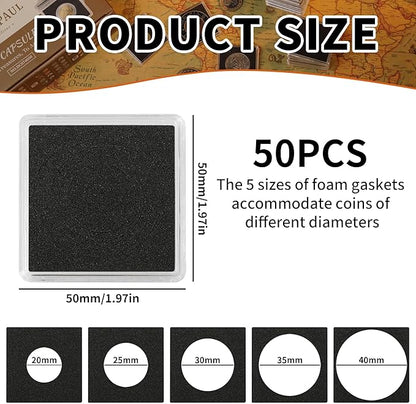 Uncle Paul 50 PCS Coin Capsules, Coin Snap Holders with 5 Sizes Black Gaskets 20/25/30/35/40mm, Clear Coin Cases for Coin Collection Supplies Silver Dollar Pounds Cents