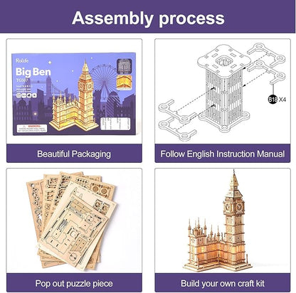 Rolife 3D Wooden Puzzles for Adults Big Ben -220 Pieces 3D Puzzle Wood London Architecture Model Craft Kits Birthday Gift for Teens/Adults Desk Decor