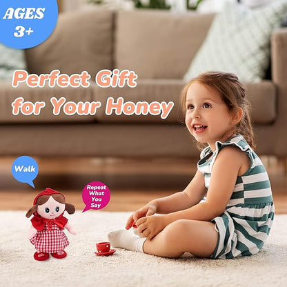 Hopearl Talking Singing Doll Repeats What You Say Girl Walking Electric Interactive Animated Toy Speaking Plush Buddy Gifts for Toddlers, Red, 8''