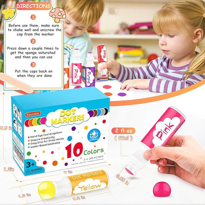 Soucolor Washable Dot Markers for Toddlers Kids Preschool, 10 Colors 2 oz Bingo Daubers Paint Markers Set with 48 Pages Tearable Activity Book for Toddler Arts and Crafts Kits Supplies, Water-Based