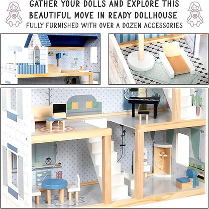 Lil' Jumbl Kids Wooden Dollhouse, 17-Piece Accessories & Furniture are Included, with Balcony & Stairs, 3 Story Easy to Assemble Doll House Toy - Blue