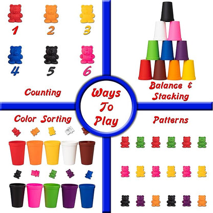 Colorful Counting Bears with Matching Cups - 100 Bears - Sort, Count & Color Recognition Learning Toy for Toddler & Kids - Montessori Education - Preschool Game