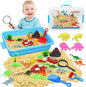 Pakimio Dinosaur Sensory Bin with Lid, 2.64lbs Magic Sand, Dino Figures & Skeletons, Archaeology & Sand Tools, Scenic Elements, Play Sand Kit Dinosaur Toys for 3 4 5 6 7 8+ Year Old Boy Birthday Gift