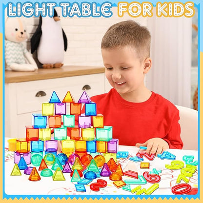 LED Light Panel for Kids and 268 Pcs Translucent Pattern Blocks Geometric Solids Colorful Plastic Letters and Numbers for Kids Sensory Play Exploration Counting Spelling Supplies
