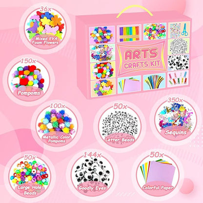 2000 PCS Arts and Crafts Supplies for Kids All-in-1 Craft Kit with Pipe Cleaners Craft Box Set DIY Crafting Supply School Supplies Toys Gifts for Girls Boys Ages 4-6, 6-8, 8-12, Pink