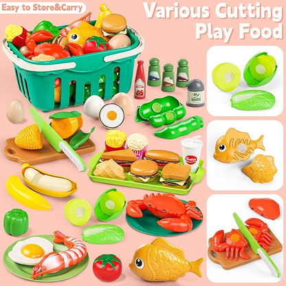 Toy Play Food, Play Kitchen Accessories, Kitchen Playset, Pretend Cooking Play Pots, Pans, Utensils Cookware, Cutting Fun Fruits Veggies, Shopping Storage Basket, Prop Money, Gifts for Kids, 168 Pcs