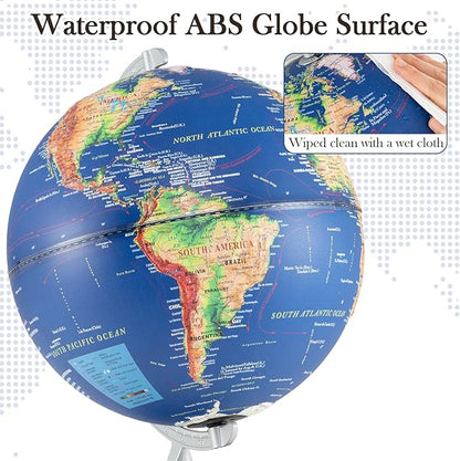 12" Illuminated World Globe, Desktop Globe with Raised Relief, LED Lights, Time Zone & Non-Slip Wooden Base, Geographic Terrain Globes for Decoration (Navy)