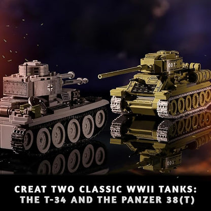 WW2 Army Tanks Toy Building Sets (1008 Pieces) Compatible with Lego, Create a Soviet T-34 & German Panzer 38(t) Tank, Great Military Model Toys Gift for Boys, Kids, and Teens Age 8+