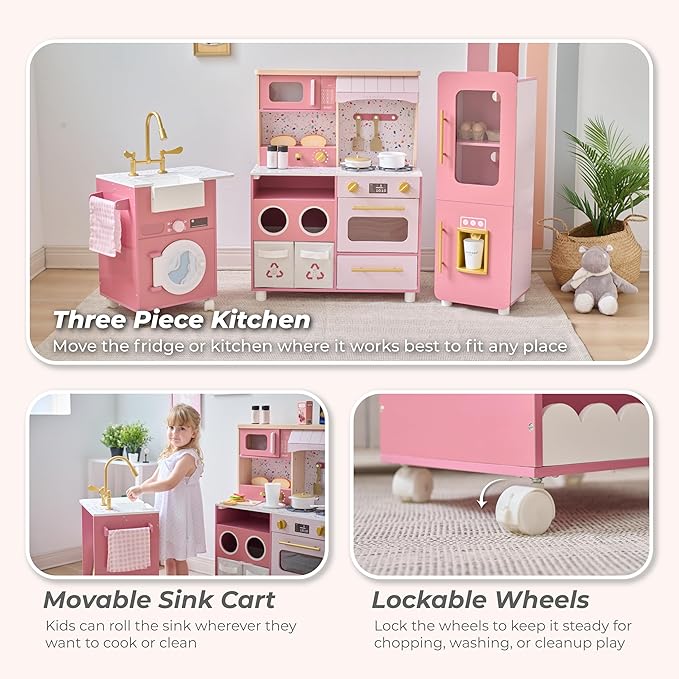 Teamson Little Chef Savannah Wooden Montessori Pretend Play Kitchen for Toddlers Kids Ages 3+ Modular Three-Piece Set with Sink Cart Stove & Fridge for Boys and Girls Playset – Pink