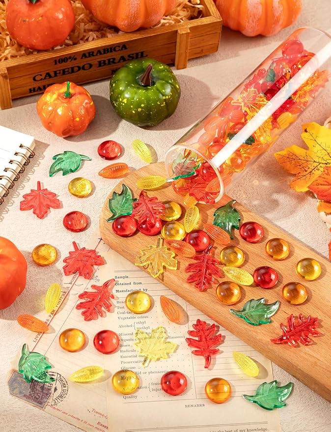 300Pcs Thanksgiving Vases Filler, Mini Acrylic Maple Leaves Corn Gem for Fall Table Centerpieces Decorations