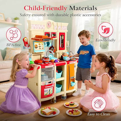 [2025 Upgraded] Kitchen for Kids & Toddlers Play Kitchen Set with Tablet Ordering, Music, Lights & Sounds, Steam Stove & Boiling Bubbles, Oven Dings, Faucet & Dishwasher,Easy-Install,Life Skills(Pink)