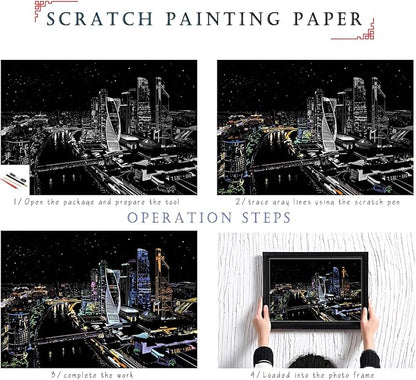 Scratch Rainbow Painting Art Paper,Scratch Art Crafts Set for Adults&Kids,Scratch Painting DIY Creative Gift with 4 Tools,16''x11''(Ancient China&Moscow CBD)