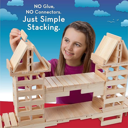 MindWare KEVA Structures 400 Plank Wooden Building Blocks Set - Includes 400 Pine KEVA Planks, Canvas Storage Bag and Full-Color Idea Book