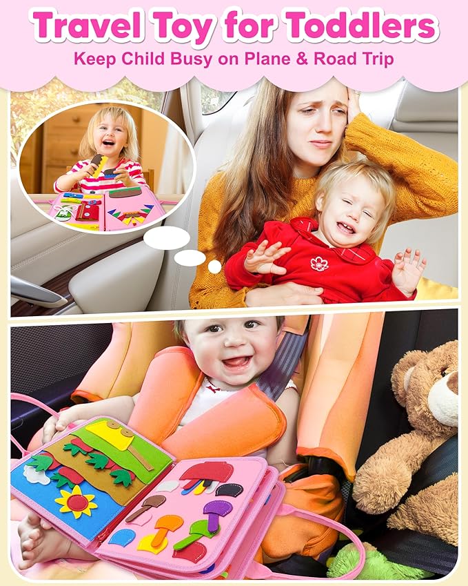 Exorany Busy Board Montessori Toys for Toddler Girl Birthday Gifts, Busy Book Sensory Learning Toys for Toddlers, Toddler Girl Airplane Car Travel Toy Educational Activities