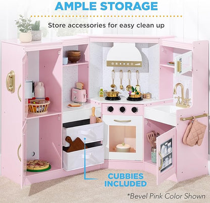 Best Choice Products Pretend Play Corner Kitchen, Ultimate Interactive Wooden Kids Playset w/Lights & Sounds, Ice Maker, Hood - Sage