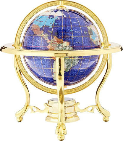 Unique Art 10-Inch Tall Table Top Blue Crystallite Ocean Gemstone World Globe with Gold Tripod Stand