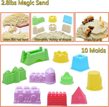 Play Construction Sand Kit, 2.2lbs Magic Sand, 6 Alloy Trucks,1 Big Semi-automatc Excavator,1 Race Truck 100 Tracks,10 Castle Molds,1 Sandbox mat,1 Storage Box, Sensory Toys for Kids Ages 3+