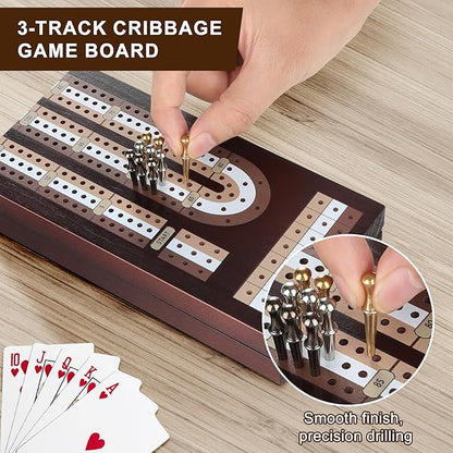 Cribbage Board Game Set, Premium Wooden Board with Magnetic Lock and Built-in Storage, Deck of Cards & 9 Metal Pegs, Fun 2–3 Player Travel Game for Adults and Family