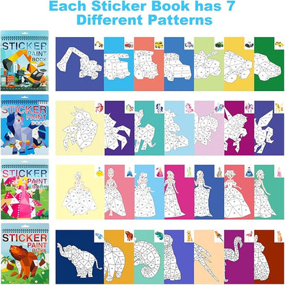 AEAHALY 4 Pack Paint by Sticker for Kids Crafts for Kids Ages 4-8 Sticker by Number Books Boys and Girls Birthday Gifts Party Favor, Travel Toys for Toddlers Learning (Princess+Animal+Horse+Vehicle)
