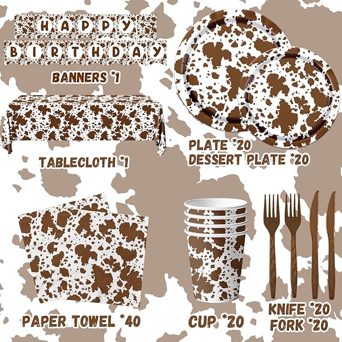 Highland Cow Decorations, 142Pcs Cow Print Plates and Napkins Party Supplies, Brown Cow Birthday Party Decorations Tableware Cups Tablecloth for Cow Baby Shower Farm Cowboy Theme Party