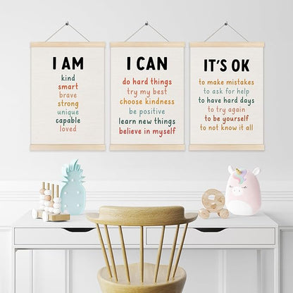 Inspirational Classroom Wall Art Poster Hanger Frame 12x16 Inch Set of 3, Positive Affirmations for Kids, Motivational Canvas Pictures Prints Framed Wall Decor for Classroom Kids Room Playroom