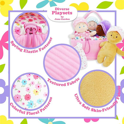 June Garden My First Basket Plush Baby Doll Set - Includes 1 Basket and 4 Multicultural Soft Plush Babies with Emotional Expressions for Infants and Toddlers Birth and Up