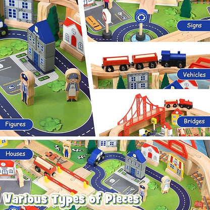 GLACER 100 Pieces Train Table, Wooden Activity Table with Storage Drawer, Tracks, Vehicles, Buildings, Wheels, Multipurpose Painted Train Table Set for Toddlers 3-5+, Gift for Boys Girls