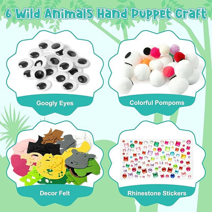 WATINC 6Pcs Hand Puppet Making Kit, Art Craft Felt Sock Puppet Toys, Creative DIY Make Your Own Pompoms Wiggle Googly Eyes Storytelling Role Play Party Supplies Gift for Girls Boys (Wild Animals B)