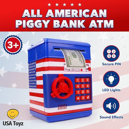 USA Toyz All-American Electronic Piggy Bank for Kids - ATM Kids Money Safe, Coin Bank Savings Box with Auto Bill Feeder Coin Slot, LED Lights, 4-Digit Password, Voice/Beep Modes, Ages 3+