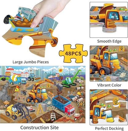 48 Pieces Jumbo Floor Puzzles for Kids ages 3-5, Puzzle for Kid Ages 4-6, Construction Site Jigsaw Large Puzzles, Children Learning Preschool Educational Toys, Great Gift for Kids 4-8 Years Old