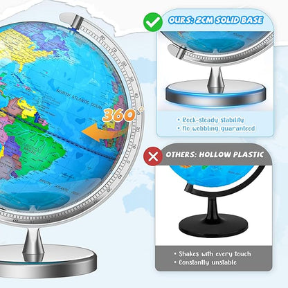 12" Illuminated World Globe for Children & Adults, Globe Lamp with World Map for Kids, Stable Heavy Metal Base, Interactive STEM Learning Gift & Night Light