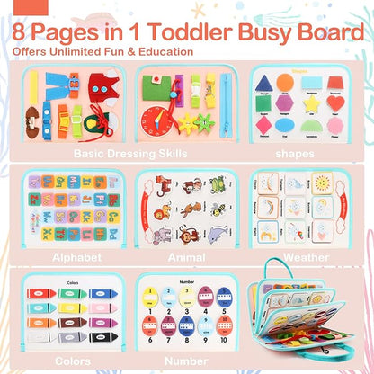 Toddler Busy Board Montessori Toys for Toddlers 3 Year Old Educational Activity Book Board Sensory Travel Toys Ages 4 Preschool Learning Fine Motor Skills Toy Quiet Book Gift for Kids
