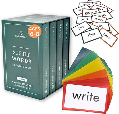 400 Essential Reading Sight Words | Ages 6-8 | Kindergarten - 2nd Grade Classroom Curriculum | Build Vocabulary & Reading Skills | Brainstrong Premium 4-Level Box Set | 200 Flashcards