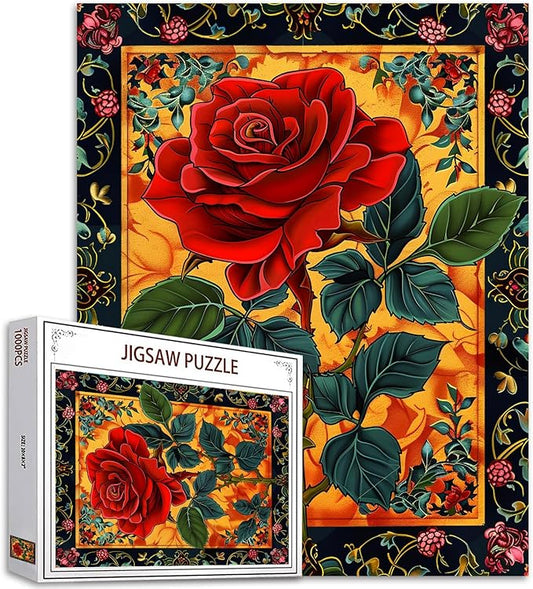 1000 Piece Jigsaw Puzzles for Adults Red Rose Painting Jigsaw Puzzle Floral Patrern Surraunding 1000 Pieces Puzzles for Game Green Plant Colorful Art Wall Decor DIY Craft Puzzle Gifts 27" x 20"