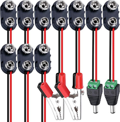 DAIERTEK 10pcs 9V Battery Connector 9 Volt Battery Snap Clip I Type with 2 Pairs of Alligator Clips and 2.1mm X 5.5mm DC Male Power Plug