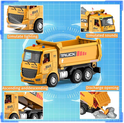 Remote Control Excavator and Dump Truck Toy Set - RC Construction Vehicles Toy with Barricades, Road Signs, Simulated Rocks, Lights and Sounds, Present for Toddlers 3-12 Year Boys Girls
