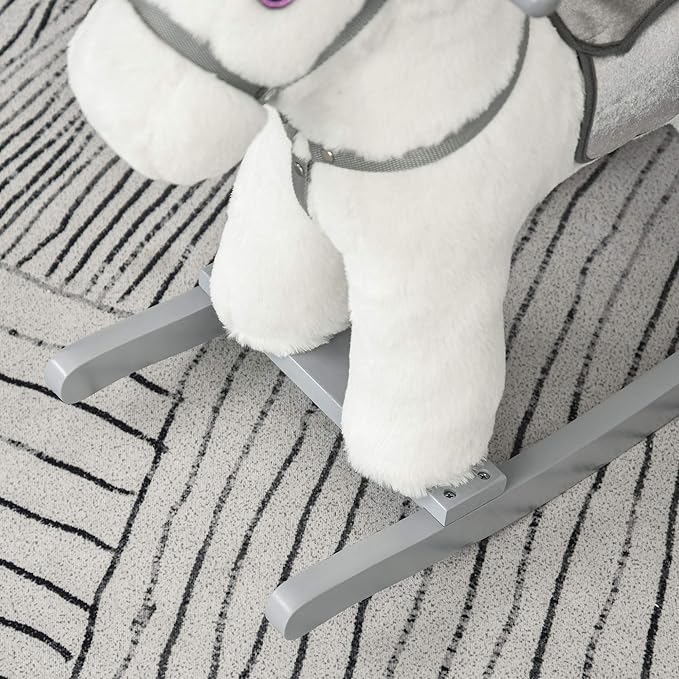 Qaba Kids Plush Ride-On Rocking Horse with Bear Toy, Children Chair with Soft Plush Toy & Fun Realistic Sounds, White