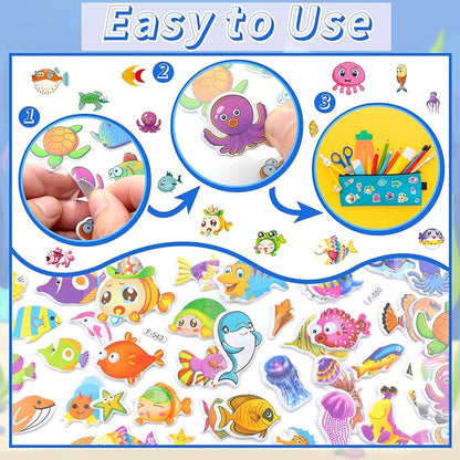 36 Sheets Underwater Stickers for Kids - 900+ 3D Puffy Sea Animal Stickers | Fish, Dolphin, Shark, Octopus, Turtle | Reusable, Waterproof | Crafts, Scrapbooking, Party Favors