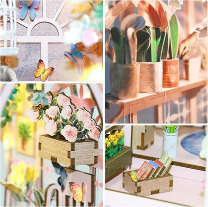 DIY Book Nook Kit, Miniature Bookshelf Decor with LED Lights, Laser-Cut Wooden Craft Set for Adults, Creative Gift for Christmas, Birthday, Greenhouse Flower Room