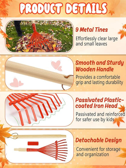 Kids Friendly Rakes for Leaves - 28" Child Size Small Rake with Durable Metal Head & Hardwood Handle, Real Lawn Garden Yard Tools for 3+ Years Kids Enjoy Helping Work Gifts (Red)